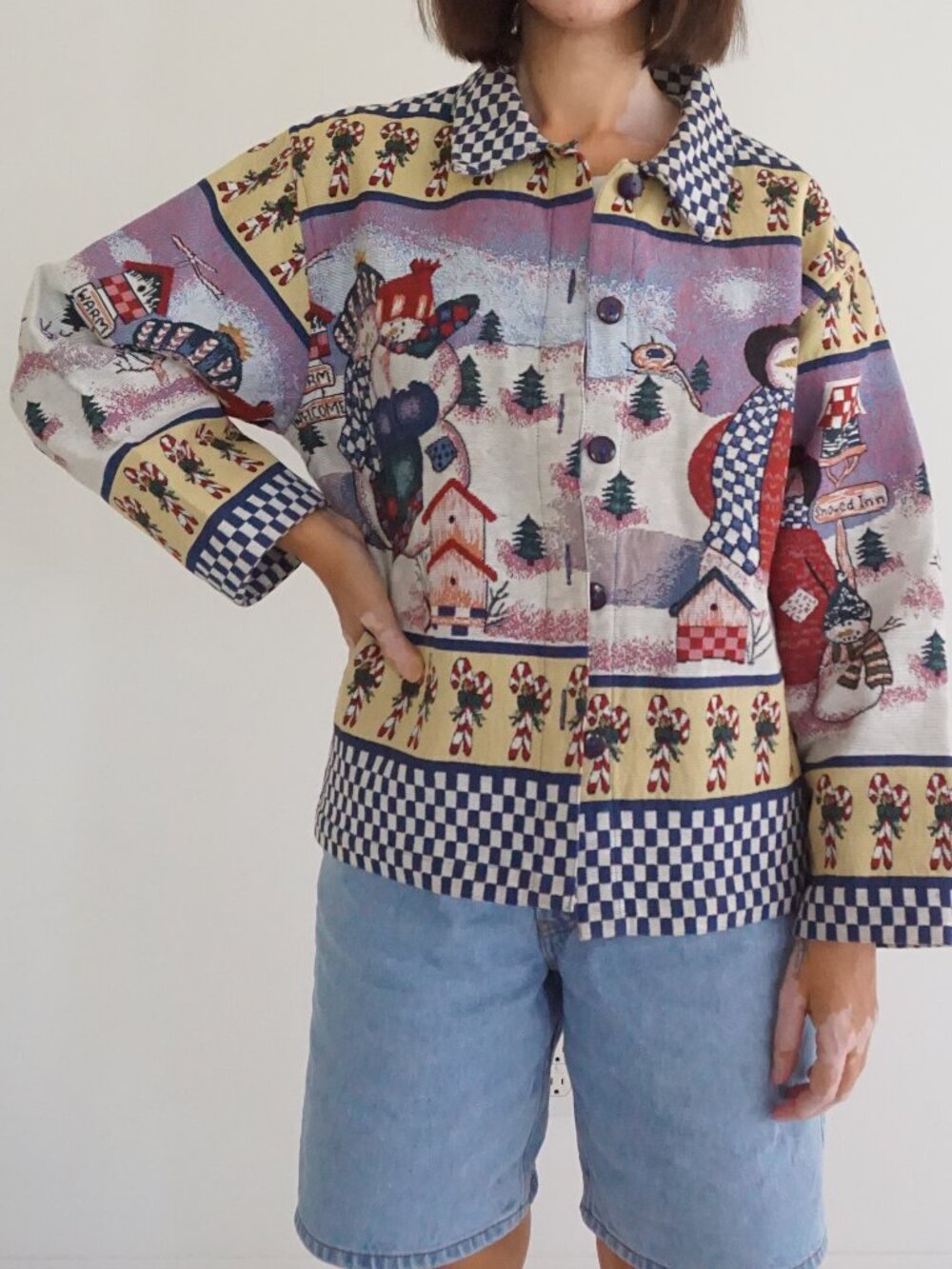 Vintage Willow Ridge Blue Cream Snowman Candy Cane Christmas Tapestry Jacket PL